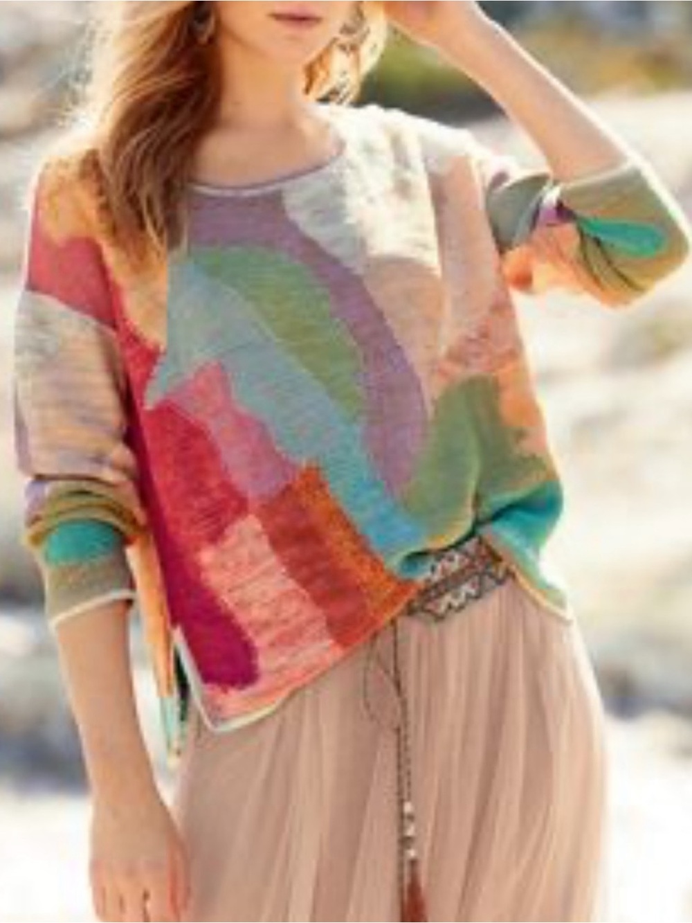 Peruvian Connection Floral Abstract Knit Sweater Pima Cotton Cottagecore Size L